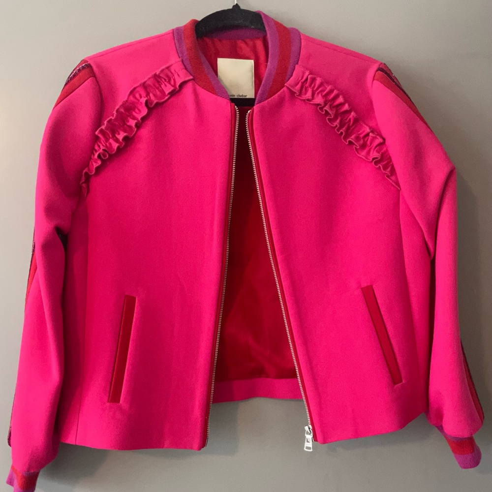 Hot Pink Ruffle-Trim Bomber Jacket